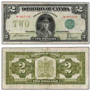 SOLD $2 1923 Dominion of Canada Note Green Seal Series H DC-26d - F/VF (cleaned)