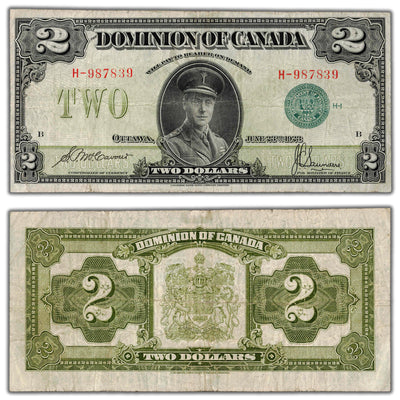 SOLD $2 1923 Dominion of Canada Note Green Seal Series H DC-26d - F/VF (cleaned)