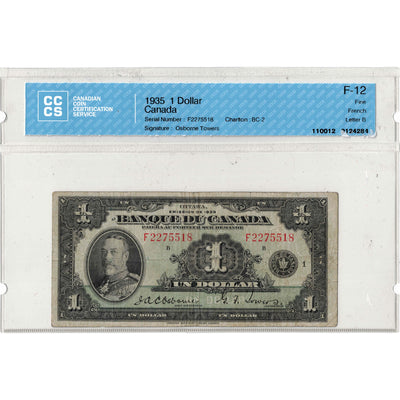SOLD $1 1935 Banque du Canada Note French Text BC-2 - CCCS F-12