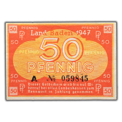 SOLD Germany Baden 1947 50 Fifty Pfennig Note - AU