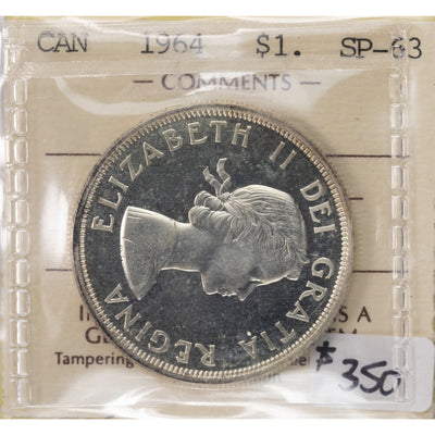 SOLD Canada 1964 $1 Silver Dollar Coin - ICCS Specimen SP-63