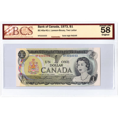 $1 1973 Bank of Canada Note OF Prefix Solid Serial 2222222 BC-46a - BCS AU-58