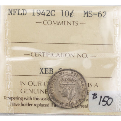 Newfoundland 1942c 10 Cents Silver Coin - ICCS MS-62