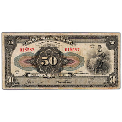 Peru 1939 50 Soles de Oro Note P #68a - Fine