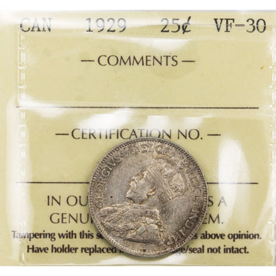 Canada 1929 25 Cents Quarter Silver Coin - ICCS VF-30