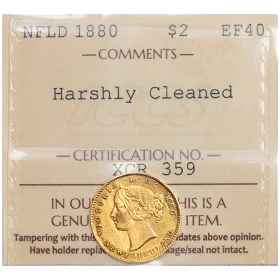 Newfoundland 1880 $2 Two Dollars Gold Coin Key Date! - ICCS EF-40 (harshly cleaned)