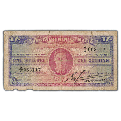 SOLD Malta ND (1943) 1 One Shilling Note P #16 - Damaged