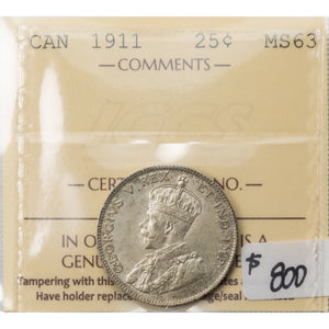 SOLD Canada 1911 25 Cents Quarter Silver Coin - ICCS MS-63