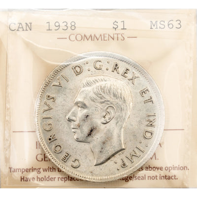 Canada 1938 $1 Silver Dollar Coin - ICCS MS-63