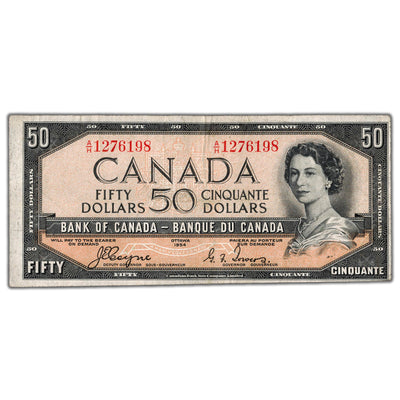 SOLD $50 1954 Bank of Canada Note Devil Face Coyne-Towers A/H Prefix BC-34a - F/VF