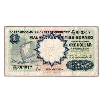 Malaya & British Borneo 1959 $1 One Dollar Note P #8a - Minor Writing