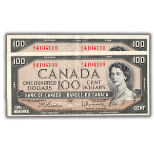 SOLD $100 1954 Bank of Canada Notes B/J Prefix DC-43b - 2 Consecutive EF/AU