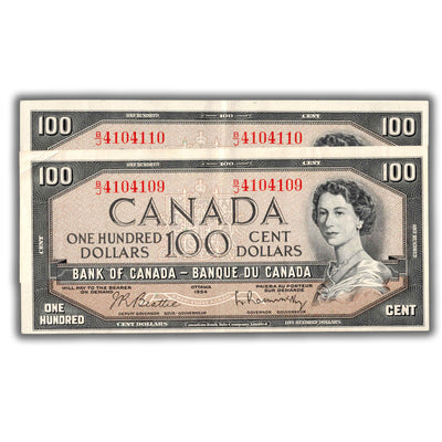 SOLD $100 1954 Bank of Canada Notes B/J Prefix DC-43b - 2 Consecutive EF/AU