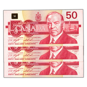 SOLD $50 1988 Bank of Canada Notes FHS Changeover Prefix BC-59c - 3 Consecutive - Ch UNC