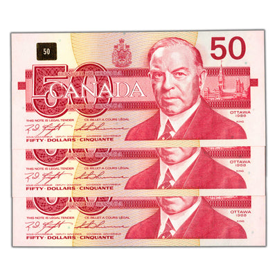 SOLD $50 1988 Bank of Canada Notes FHS Changeover Prefix BC-59c - 3 Consecutive - Ch UNC