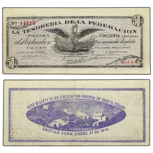SOLD Mexico La Tesoreria De La Federacion 1914 50 Fifty Centavos Note