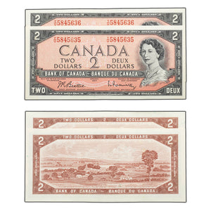 SOLD $2 1954 Bank of Canada Notes Y/U Prefix BC-38b - 2 Consecutive - AU