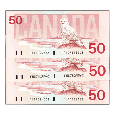 SOLD $50 1988 Bank of Canada Notes FHS Changeover Prefix BC-59c - 3 Consecutive - Ch UNC
