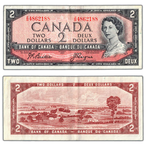 SOLD $2 1954 Bank of Canada Note Beattie-Coyne Z/B Prefix BC-38a - VF+