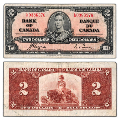 $2 1937 Bank of Canada Note Coyne-Towers L/R Prefix BC-22c - F/VF