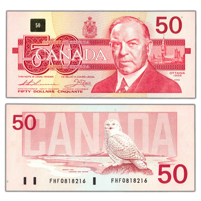 SOLD $50 1988 Bank of Canada Note Thiessen-Crow FHF Prefix BC-59a - Choice UNC