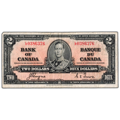 $2 1937 Bank of Canada Note Coyne-Towers L/R Prefix BC-22c - F/VF