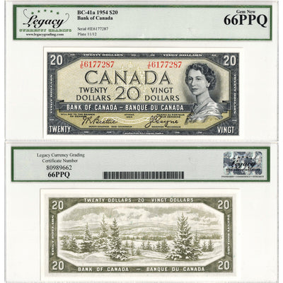 SOLD $20 1954 Bank of Canada Note Beattie-Coyne I/E Prefix BC-41a - Legacy Gem UNC-66 PPQ