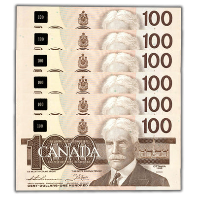 $100 1988 Bank of Canada Notes BJG Prefix BC-60a-i - 6 Consecutive Ch UNC