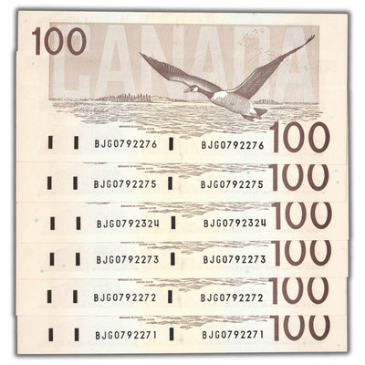 $100 1988 Bank of Canada Notes BJG Prefix BC-60a-i - 6 Consecutive Ch UNC