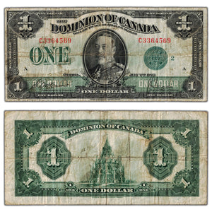 $1 1923 Dominion of Canada Note Green Seal Series C DC-25j - Soiling