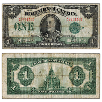 $1 1923 Dominion of Canada Note Green Seal Series C DC-25j - Soiling