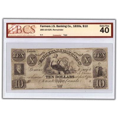SOLD $10 1830's Farmers J.S Banking Co. Note Remainder CH-285-10-02R - BCS EF-40