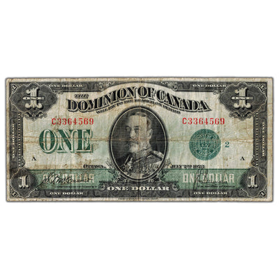 $1 1923 Dominion of Canada Note Green Seal Series C DC-25j - Soiling