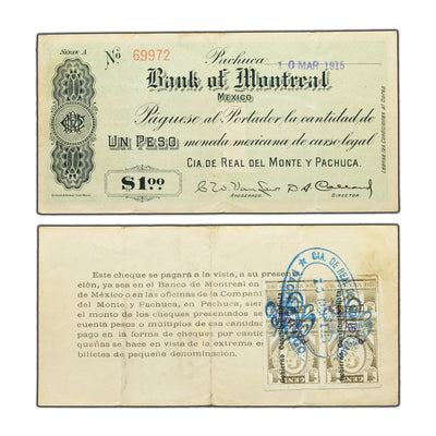 SOLD Mexico Bank of Montreal 1915 Pachuca $1 One Peso Note - Neat Issue!