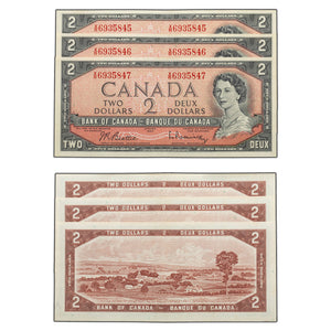 SOLD $2 1954 Bank of Canada Notes X/R Prefix BC-38b - 3 Consecutive - AU