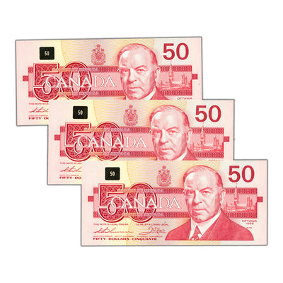 SOLD $50 1988 Bank of Canada Notes FHE Prefix BC-59a - 3 Consecutive - Choice UNC