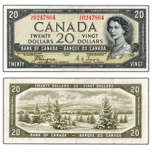 SOLD $20 1954 Bank of Canada Note Devil Face Coyne-Towers A/E Prefix BC-33a - VF/EF
