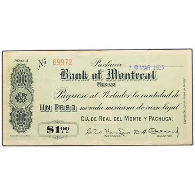 SOLD Mexico Bank of Montreal 1915 Pachuca $1 One Peso Note - Neat Issue!