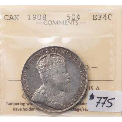 SOLD Canada 1908 50 Cents Half Dollar Silver Coin - ICCS EF-40