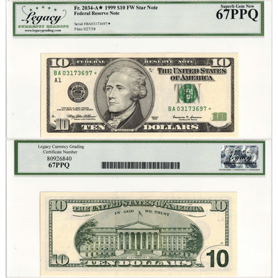 United States 1999 $10 Federal Reserve Star Note Fr. 2034-A* - Legacy UNC-67 PPQ