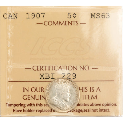 Canada 1907 5 Cents Silver Coin - ICCS MS-63