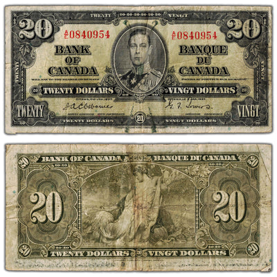 SOLD $20 1937 Bank of Canada Note Osborne Signature BC-25a - Writing