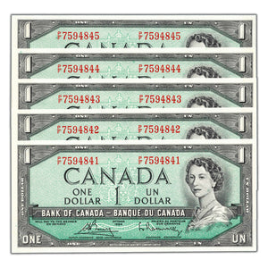 SOLD $1 1954 Bank of Canada Notes P/F Prefix BC-37c - 5 Consecutive Choice Uncirculated