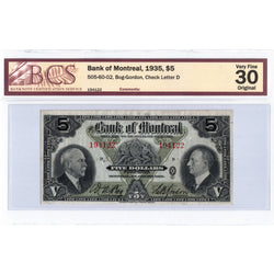 $5 1935 Bank of Montreal Canada Chartered Note #505-60-02 - BCS VF-30