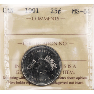 SOLD Canada 1991 25 Cents Quarter Coin - Key Date - ICCS MS-64