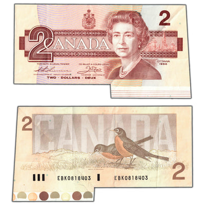 SOLD $2 1986 Bank of Canada Note Folding and Cutting Error - EF
