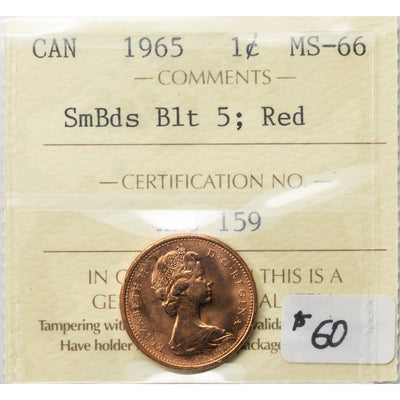 SOLD Canada 1965 SmBds Blt 5 1 Small Cent Coin - ICCS MS-66 Red