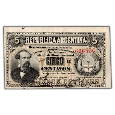 Argentina 1883 5 Centavos Note P #5 - VF