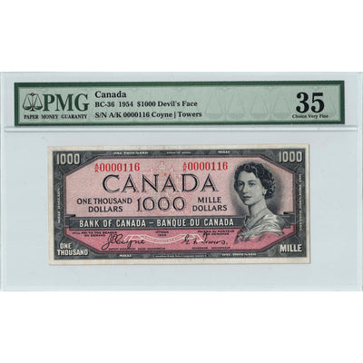 SOLD $1000 1954 Bank of Canada Note Devil Face Low #116 BC-36 - PMG VF-35