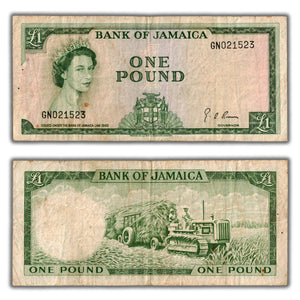 SOLD Jamaica 1960 (1964) 1 One Pound Note P #51Ce - Staple Hole